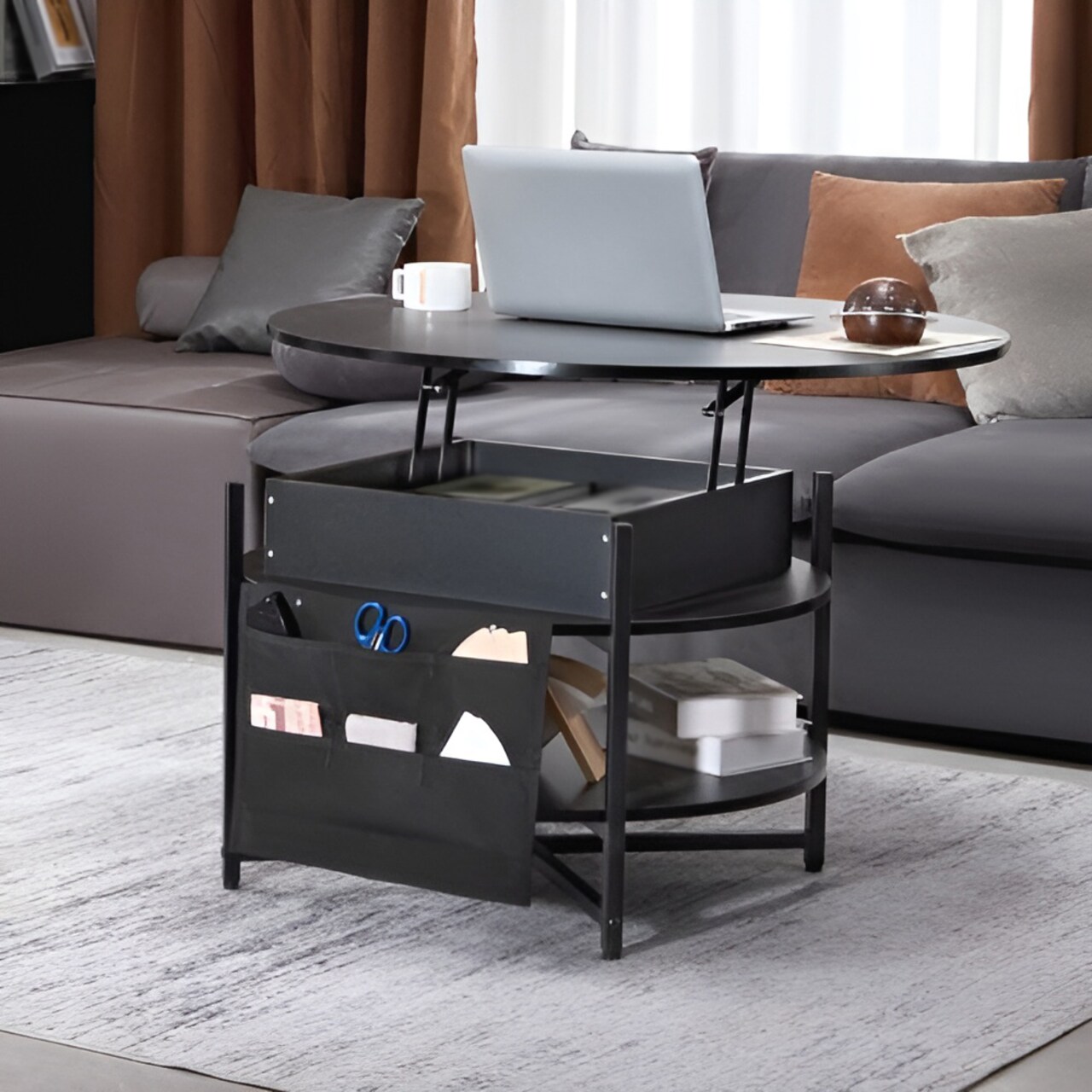 Lift Top Coffee Table 35 Inch Round Pop Up Table with Storage Pockets for Living Room